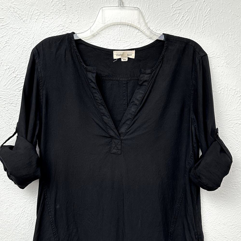 Cloth & Stone Black Tencel Shirt Dress Size Small Roll Tab Sleeves Pockets Mini - Picture 3 of 11